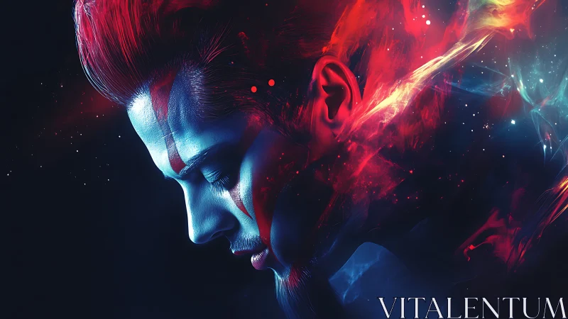 Neon-lit male portrait in abstract cosmic flames.