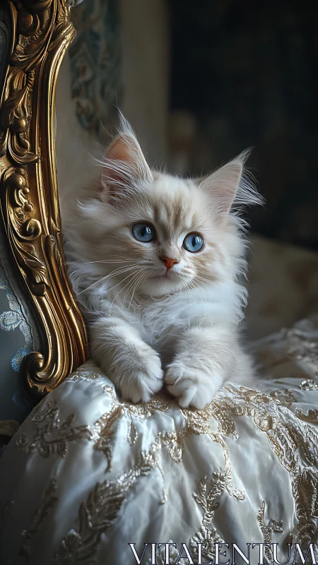 Ethereal White Kitten Rests Upon Ornate Gold and Silver Fabric