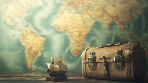 Vintage leather suitcase and model ship suggest nostalgic travel