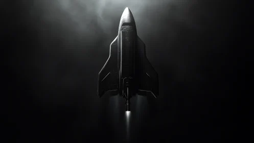 Sleek black space shuttle ascending through dark void.