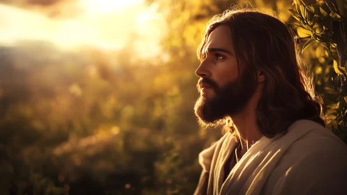 Serene robed man in golden sunset garden portrait.