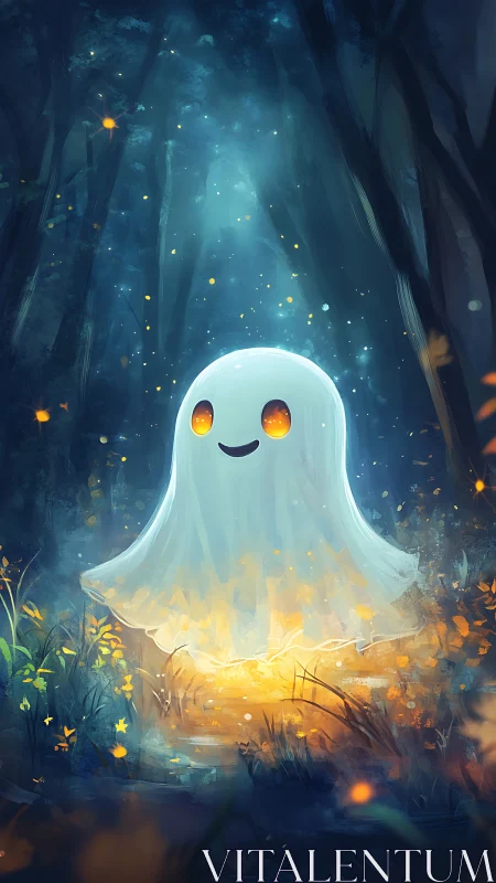 Ghost character hovers over glowing forest clearing at night