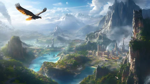 Fantasy mountain valley with castle city and soaring eagle