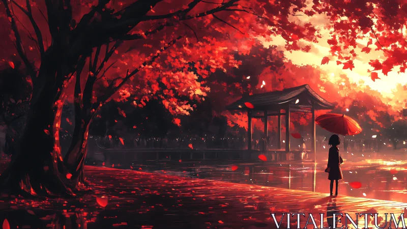 Crimson autumn lake invites a quiet walk beneath glowing trees