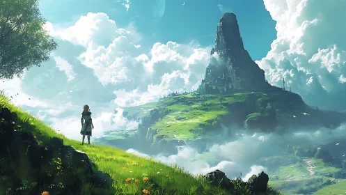 Lone wanderer greeting a cloud-wrapped emerald spire.