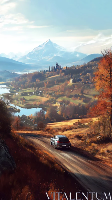 Mountain road daydream with autumn valleys and castles.