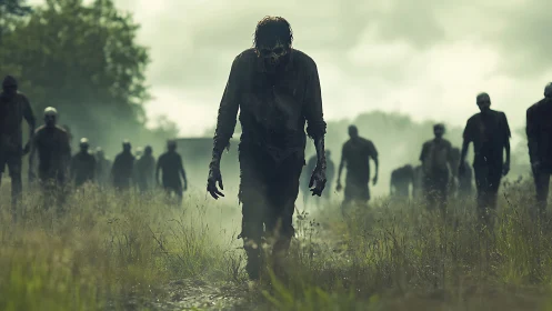 Zombie horde advancing through misty overgrown field.