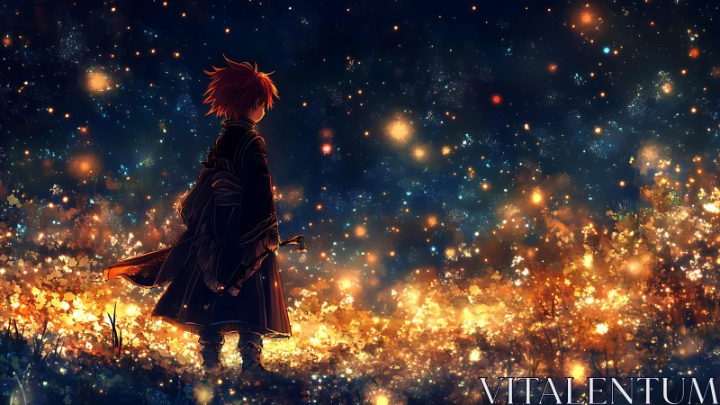 Red haired cloaked figure in glowing starry field at night.