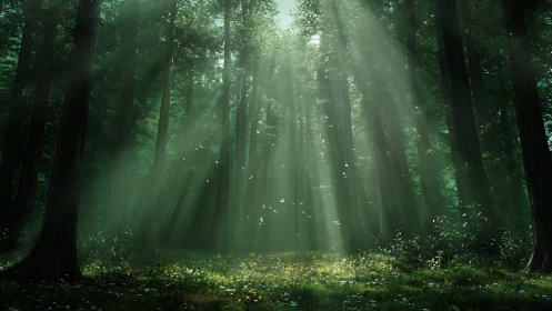 Sunlit Forest Path Through Tall Trees.