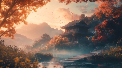 Autumn temple dreamscape by misty river under ember skies.
