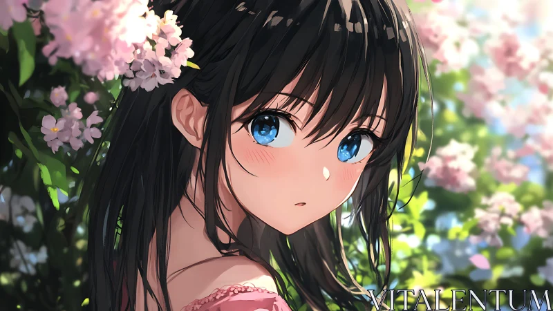 Blue-eyed girl stands amid soft spring blossoms in sunlit garden.