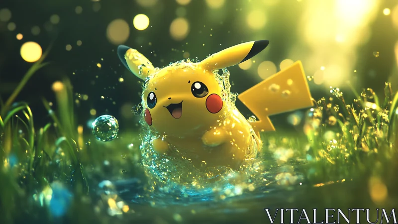 Pikachu splashes joyfully in glowing forest water scene.
