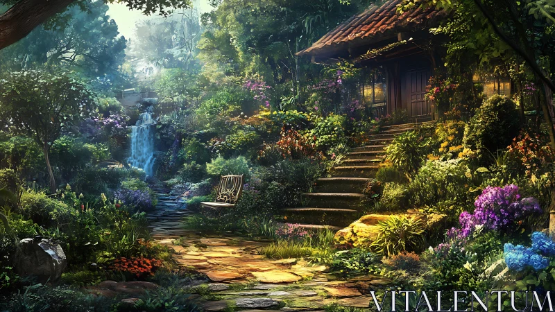 Lush garden cottage with stone path and distant waterfall.
