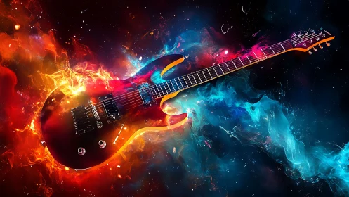 Electric guitar with nebula-like red and blue energy field.