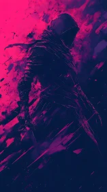 Neon cloaked warrior in dynamic magenta and indigo storm.