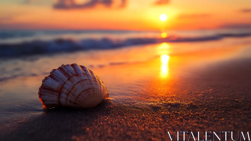 Seashell on wet shoreline under low sun near horizon line.