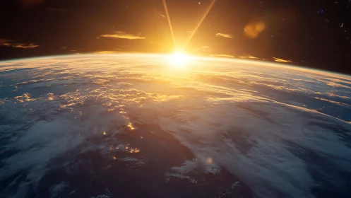 Sunrise over Earth’s horizon floods space with golden light.