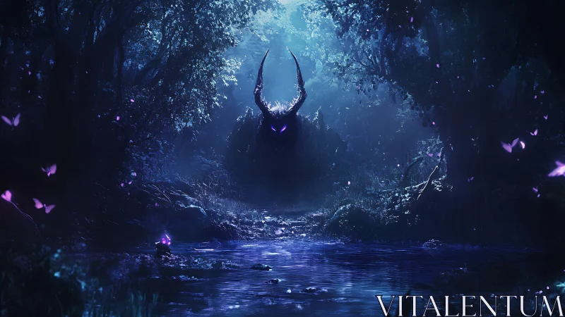 Midnight horned warden waits where violet fireflies bloom