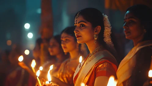 Women in Traditional Sarees Holding Diyas at Night Ceremony.