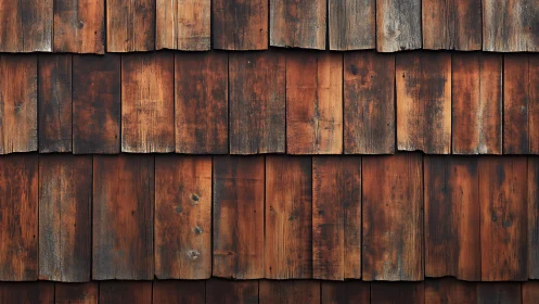 Weathered wooden shingle wall with warm brown tones.