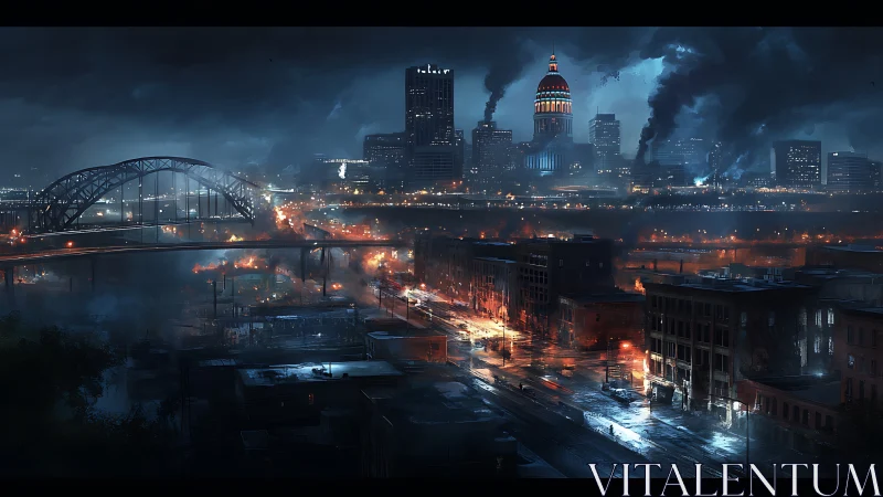 Stormy city skyline glowing through firelit night streets.