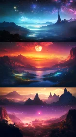 Layered alien landscapes with dramatic colored skies.