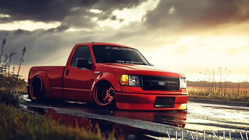 Slammed red pickup truck glows against a dramatic sunset sky