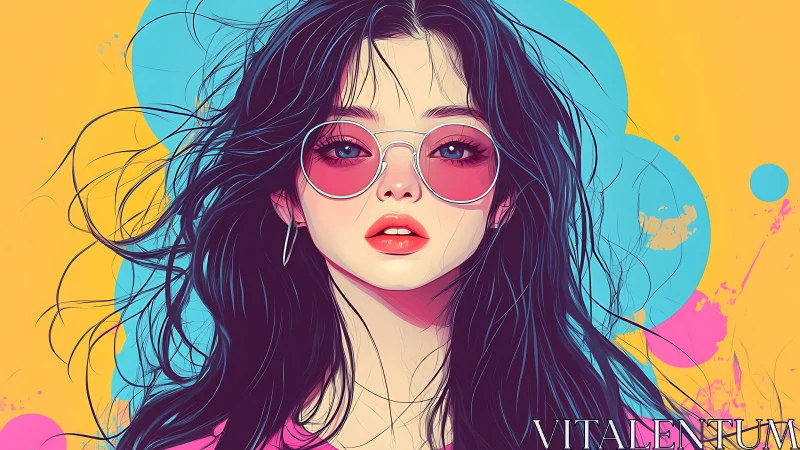 Vibrant vector portrait of woman with pink sunglasses and flow.