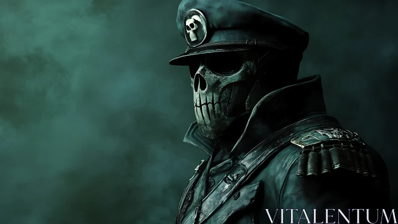 Skull-masked military officer in dark uniform profile view.
