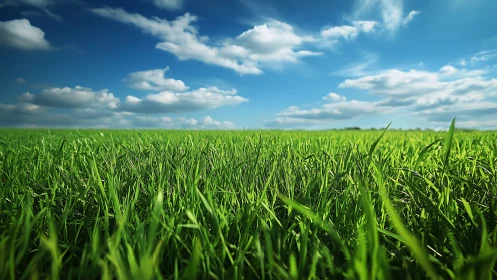 Low-angle meadow grass under vivid blue cumulus sky panorama.