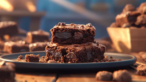 Stacked molten chocolate brownies show glossy ganache texture