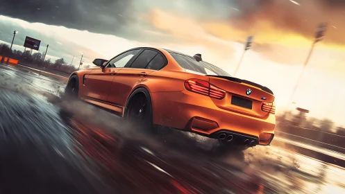 Orange sports sedan drifting on wet track at sunset.