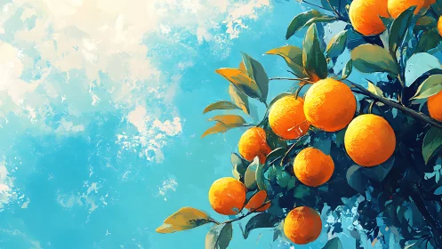 Orange tree branch with ripe fruit against bright sky background