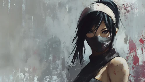 Masked cyber-noir heroine rendered in dynamic digital brushwork