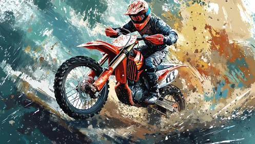 Motocross rider powers red dirt bike through explosive spray