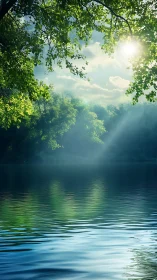 Sunlit forest canopy kissing a glassy blue lakeshore.