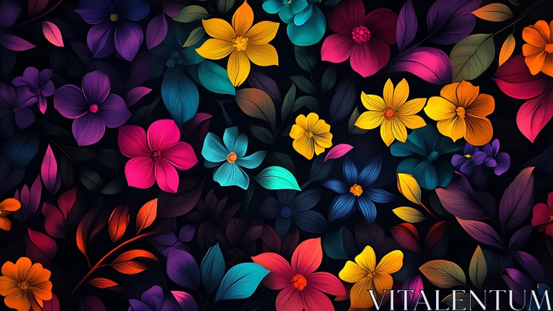 Neon Garden Symphony: Blooms Dance in Electric Darkness.