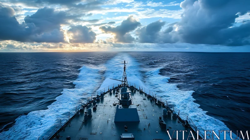 Warship cuts through open ocean under dramatic blue sky