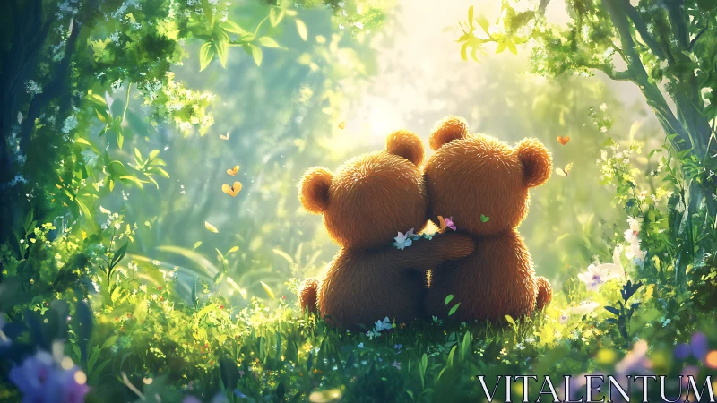 Two Brown Bears Embracing in Sunlit Wildflower Garden.