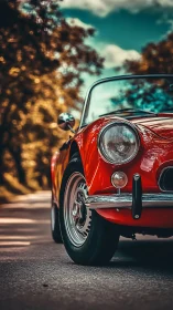 Red vintage roadster gleams on a sunlit tree-lined highway.