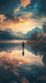 Quiet wanderer on a dreamlike mirrored mountain lake.