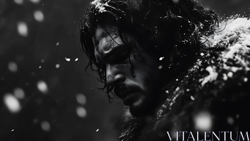 Snowbound warrior bows beneath a storm of silent regret.