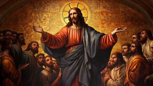 Radiant teacher in flowing robes gathers devoted listeners.