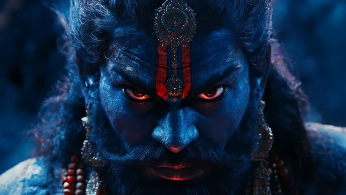 Intense blue warrior saint stares through mystical red glow