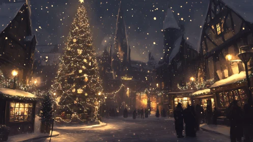 Snowy town square with tall illuminated Christmas tree.