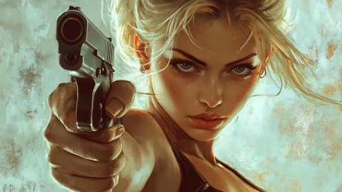 Tough blonde woman points handgun in close, intense view.