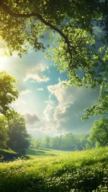 Tree Frame Sky Landscape with Green Field