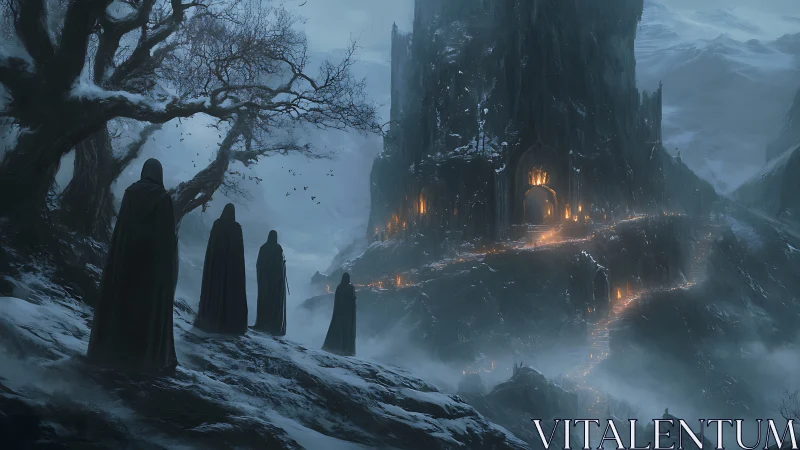 Hooded figures approach fortress carved in frozen mountain