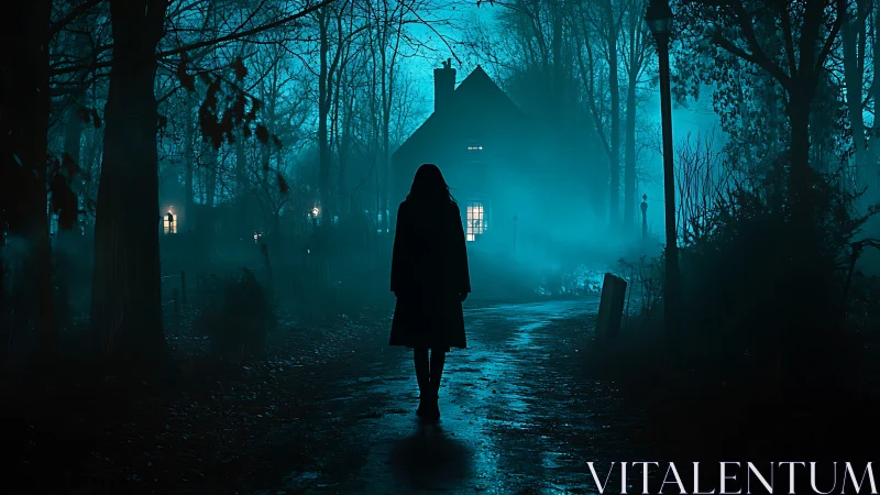 Silhouette walks toward foggy house under eerie blue moonlight.