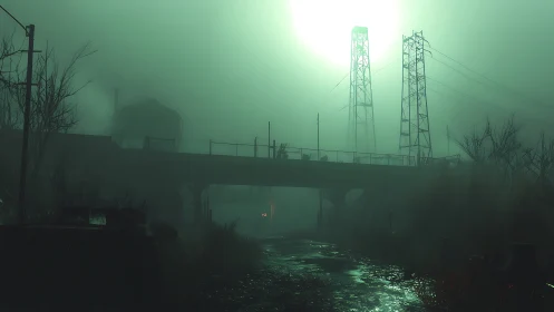 Foggy overpass with power pylons above a wet roadway